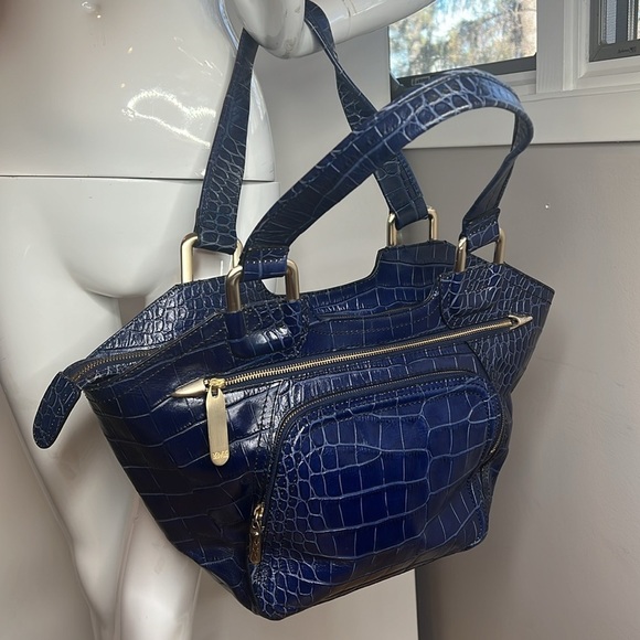 Maxx Navy Blue Croc Embossed Leather Tote Shoulder Bag Multiple Compartments - Picture 6 of 14